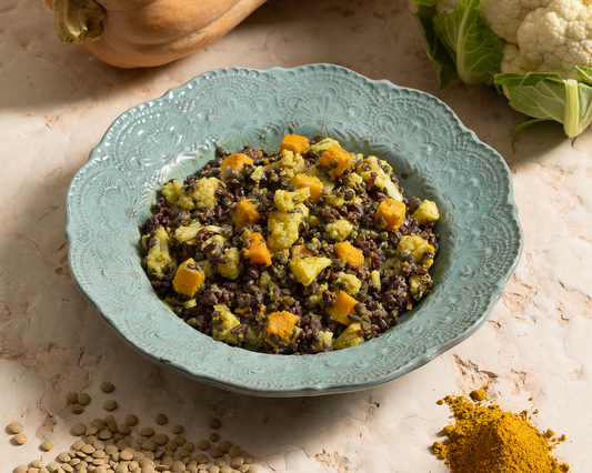 Curry di lenticchie nere con riso nero integrale