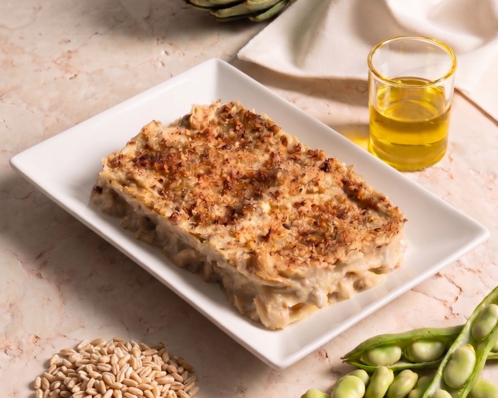 Lasagnetta rustica di farro ai carciofi e fave